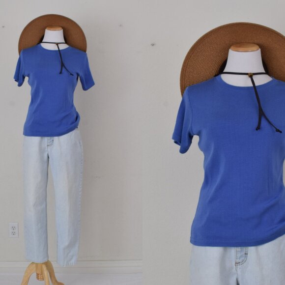 Vintage 90s Blue Cotton/Rayon Scoop Neck Tee | size L - Picture 1 of 9